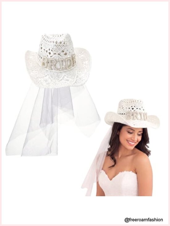 BRIDE Cowgirl Straw Hat with Veil Rhinestone Wide Brim Cowboy Hat Bachelorette main image 4